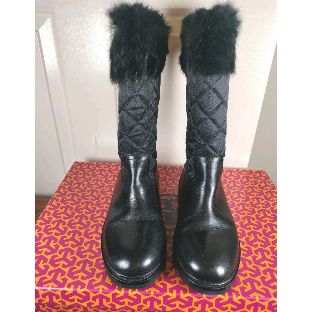 Tory Burch Joey Boot 33128510 Black Leather Quilted Nylon Fur Winter Womens 7